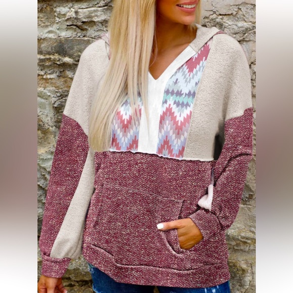 🌵Aztec/Tribal Print Color Block Hooded Sweatshirt Kangaroo Pocket - Picture 3 of 16
